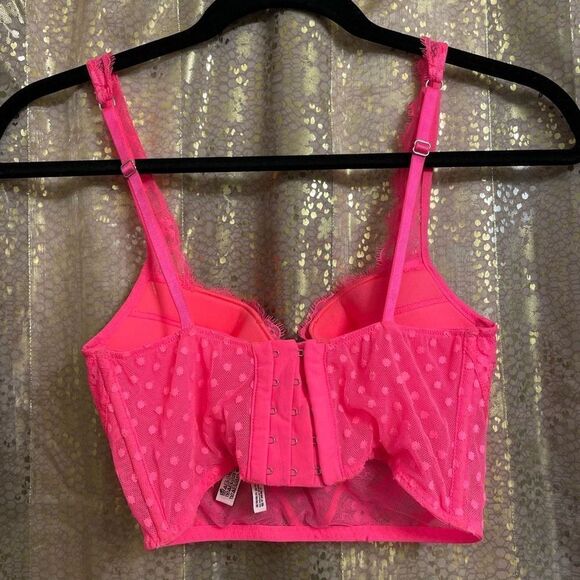 Victorias Secret Dream Angels Bright Pink Lace Polka Dot Corset Bralette 32C - Picture 2 of 5